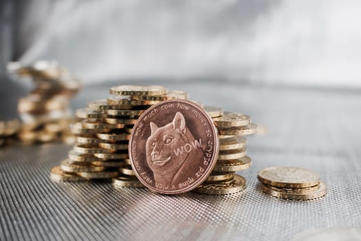 Digital currency physical brass doge coin money.