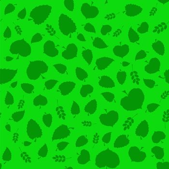 Summer Green Leaves Isolated on Green Background. Seamless Different Leaves Pattern