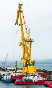 Floating cranes on the construction of the bridge