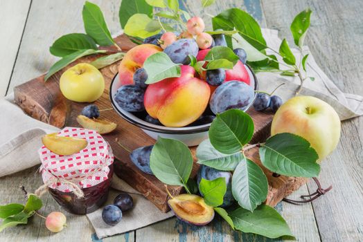 Several red nectarines with green leaves, blue plums and prunes in a enamelled bowl on the old wooden table