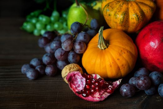 Rich harvest of various fruits and vegetables: decorative pumpkins, squash, apples, pears, pomegranates and grapes on the dark wooden background