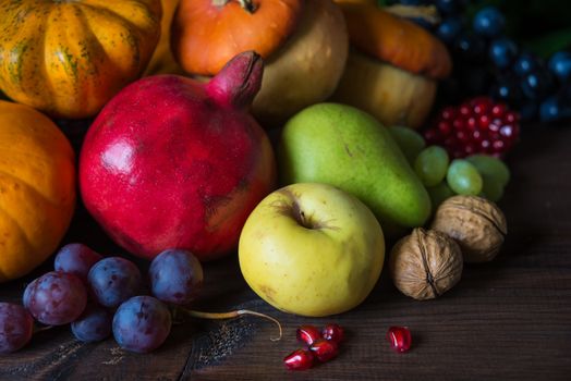 Rich harvest of various fruits and vegetables: decorative pumpkins, squash, apples, pears, pomegranates and grapes on the dark wooden background