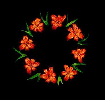 Beautiful orange flowers lilies arranged in the form of a round frame isolated on a black background