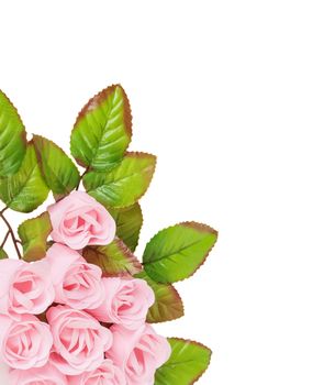 Artificial pink roses with leaves made of soap, isolated on white background