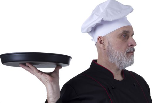 Bearded chef with tray in hands on white background
