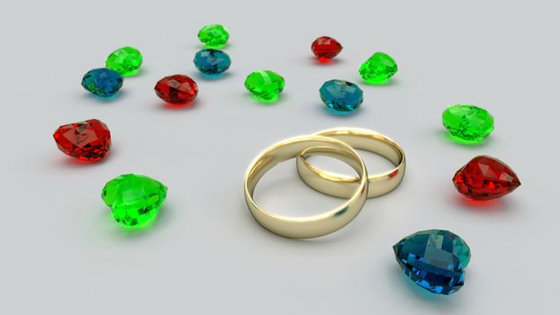 Gold rings end gems hearths, abstract background illustration