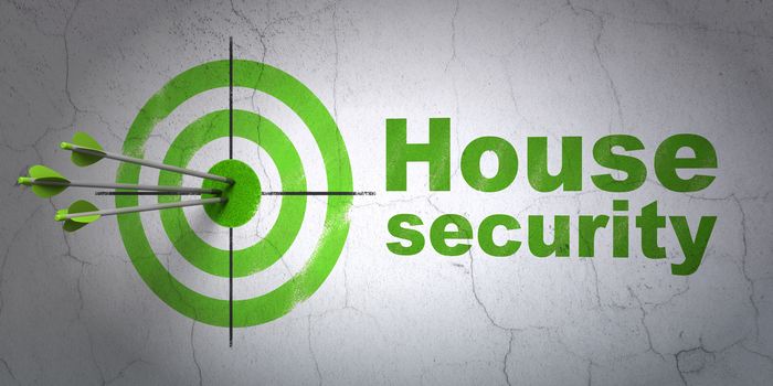 Success security concept: arrows hitting the center of target, Green House Security on wall background, 3D rendering