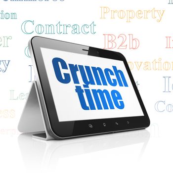 Business concept: Tablet Computer with  blue text Crunch Time on display,  Tag Cloud background, 3D rendering