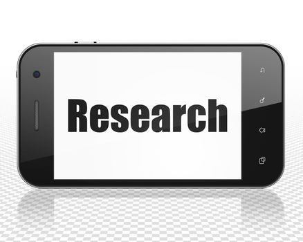 Marketing concept: Smartphone with black text Research on display, 3D rendering