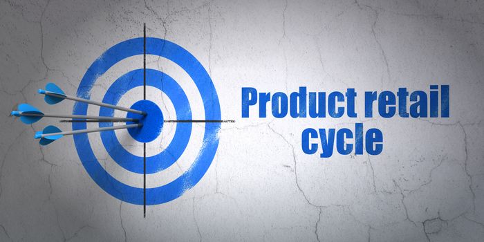 Success advertising concept: arrows hitting the center of target, Blue Product retail Cycle on wall background, 3D rendering