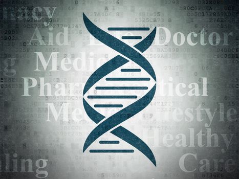 Health concept: Painted blue DNA icon on Digital Data Paper background with  Tag Cloud