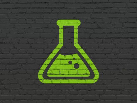 Science concept: Painted green Flask icon on Black Brick wall background