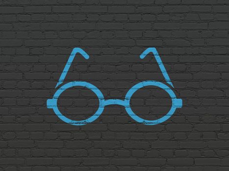 Science concept: Painted blue Glasses icon on Black Brick wall background