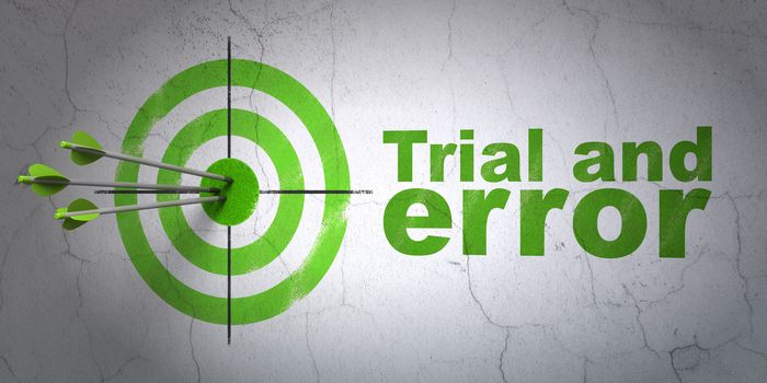 Success Science concept: arrows hitting the center of target, Green Trial And Error on wall background, 3D rendering
