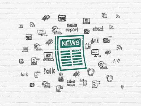 News concept: Painted green Newspaper icon on White Brick wall background with  Hand Drawn News Icons