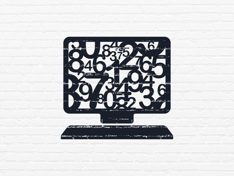 Learning concept: Painted black Computer Pc icon on White Brick wall background