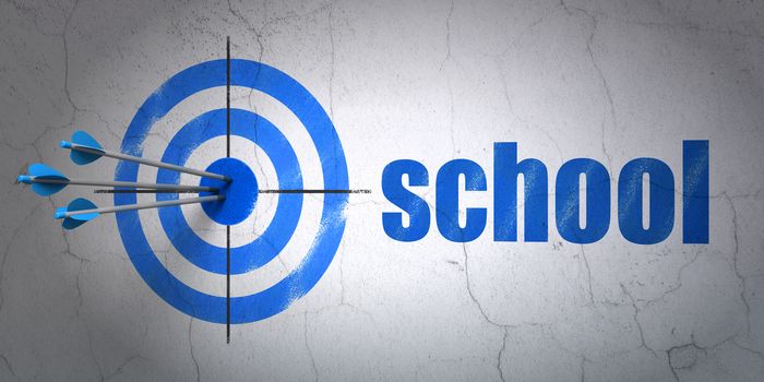 Success Learning concept: arrows hitting the center of target, Blue School on wall background, 3D rendering