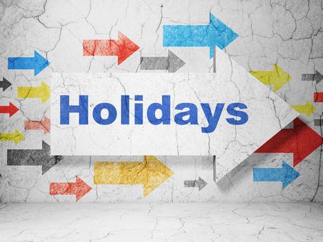 Holiday concept:  arrow with Holidays on grunge textured concrete wall background, 3D rendering