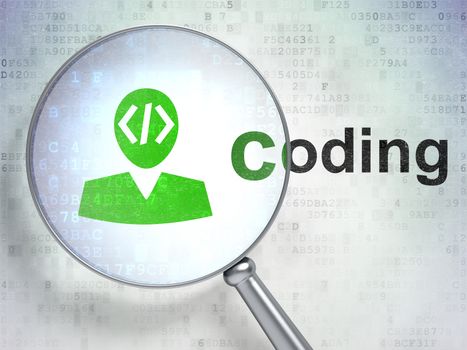 Database concept: magnifying optical glass with Programmer icon and Coding word on digital background, 3D rendering