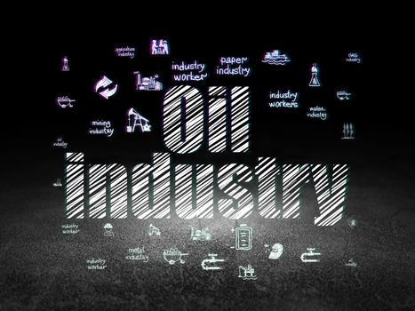 Industry concept: Glowing text Oil Industry,  Hand Drawn Industry Icons in grunge dark room with Dirty Floor, black background