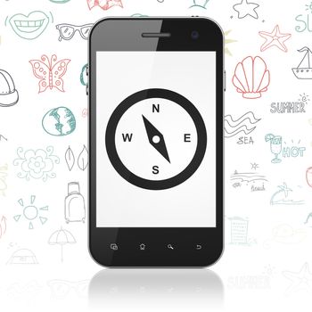 Travel concept: Smartphone with  black Compass icon on display,  Hand Drawn Vacation Icons background, 3D rendering