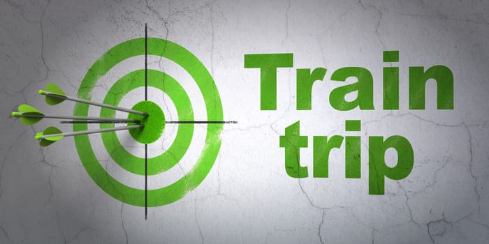 Success vacation concept: arrows hitting the center of target, Green Train Trip on wall background, 3D rendering