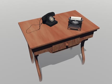Table with a typewriter in white background - 3d rendering