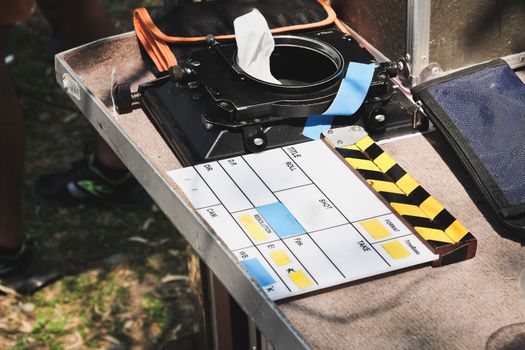 detail of Film Slate on set background