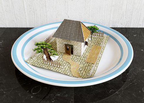 isolate house on the plate with blue border real estate business concept photo