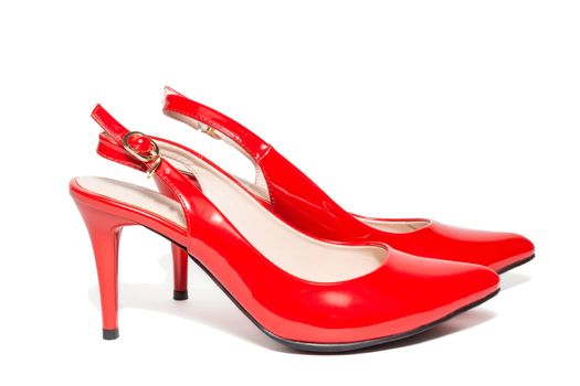 The photo shows women's red high-heeled shoes