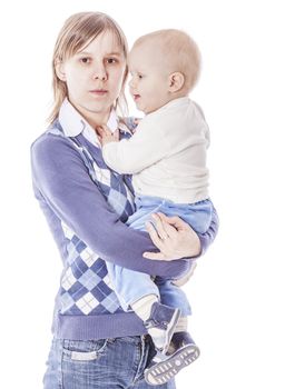 Mother with one year son together isolated on white