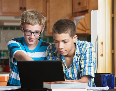Two male teen friends in kitchen with books and laptop
