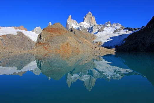 Beautiful reflection of Mt Fitz Roy, Laguna de Los Tres in Los Glaciares National Park, Patagonia, Argentina, South America