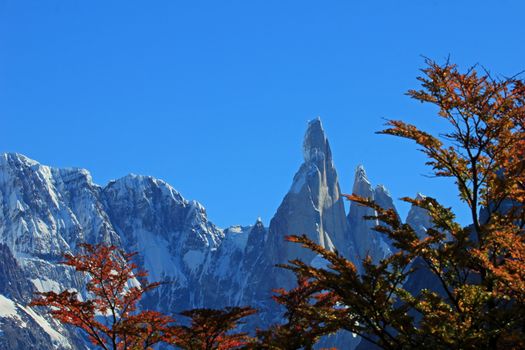 Cerro Torre mountain in autumn colors. Los Glaciares National park, Patagonia, Argentina, background mountain in focus