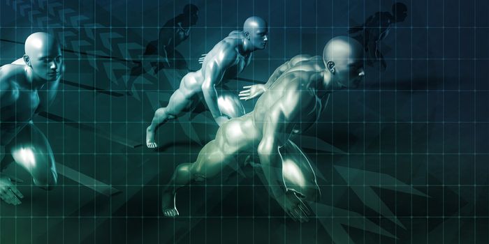 Science and Technology with Men Running as Futuristic Concept