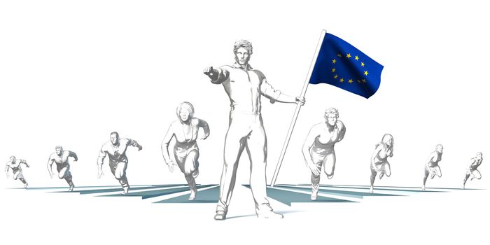 Euro Racing to the Future with Man Holding Flag