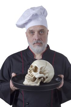 Bearded chef with a skull on a tray on a white background