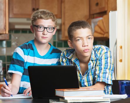 Pair of serious teen friends in kitchen with school textbooks and laptop