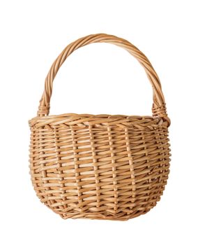 Wattled basket of natural wicker, isolated on a white background, front view