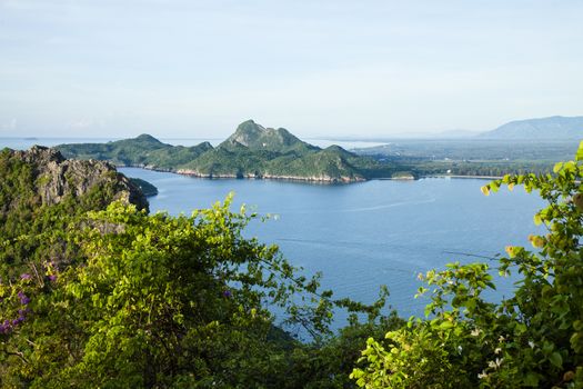 Amazing summer landscape with mountains sea blue sky sun and beautiful,Viewpoint Prachuap Bay.