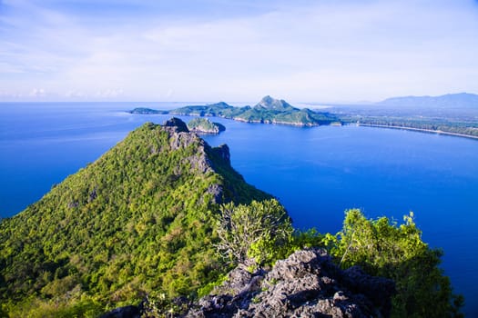 Amazing summer landscape with mountains sea blue sky sun and beautiful,Viewpoint Prachuap Bay.