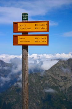 Signpost of hiking trails in the French Alps