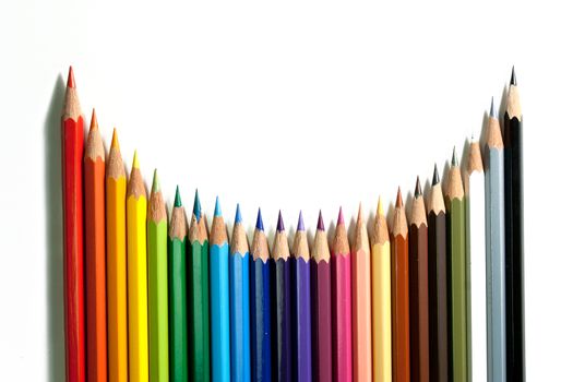 An assortment of color pencils on white background