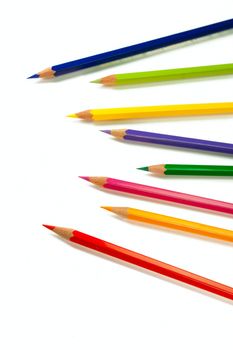 An assortment of color pencils on white background