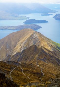 Roys Peak in Wanaka, New Zealand in the being hit by spring sunlight. In the foreground trails and yellow grasses. In the backgorund Wanaka lake and islands in the haze.