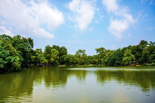 beautiful reflecting trees and blue sky on pond in park of Silpakorn University, Nakhonpathom