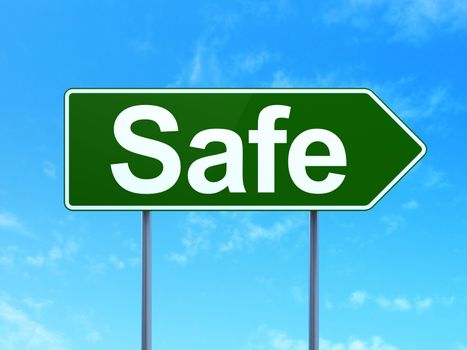 Safety concept: Safe on green road highway sign, clear blue sky background, 3D rendering