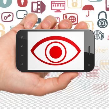 Security concept: Hand Holding Smartphone with  red Eye icon on display,  Hand Drawn Security Icons background, 3D rendering