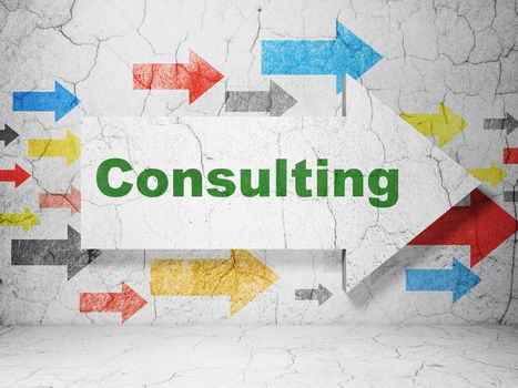 Business concept:  arrow with Consulting on grunge textured concrete wall background, 3D rendering