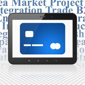 Business concept: Tablet Computer with  blue Credit Card icon on display,  Tag Cloud background, 3D rendering